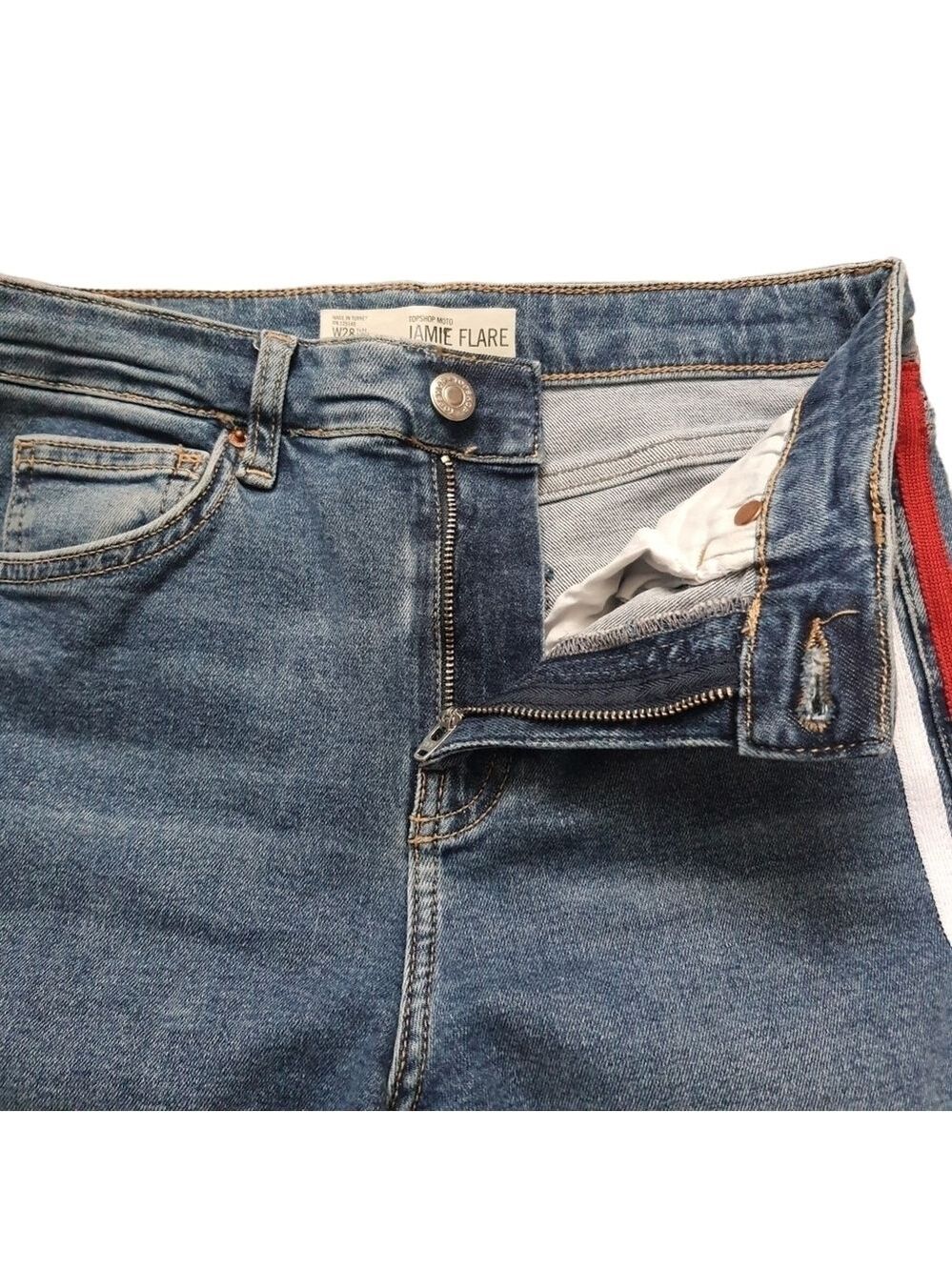 ๐บ๐ธ Topshop Jeans Moto Jamie Flare Womens 28 High Waisted Red White Blue Stripe - Picture 5 of 12